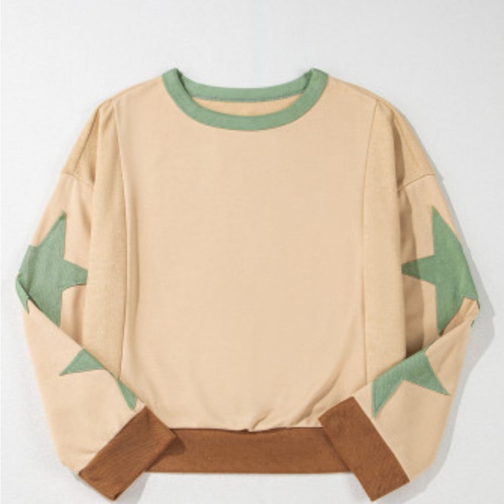Star Patchwork Exposed Seam Oversized Long Sleeve Colorblock Sweatshirt Pullover